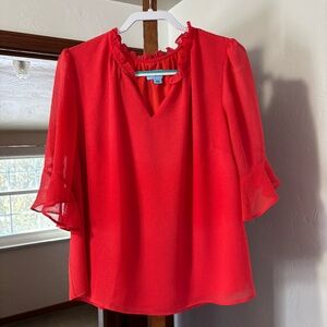 Red Cece Blouse with Ruffle at Neck and Elbow, Half Sleeve Size 1X